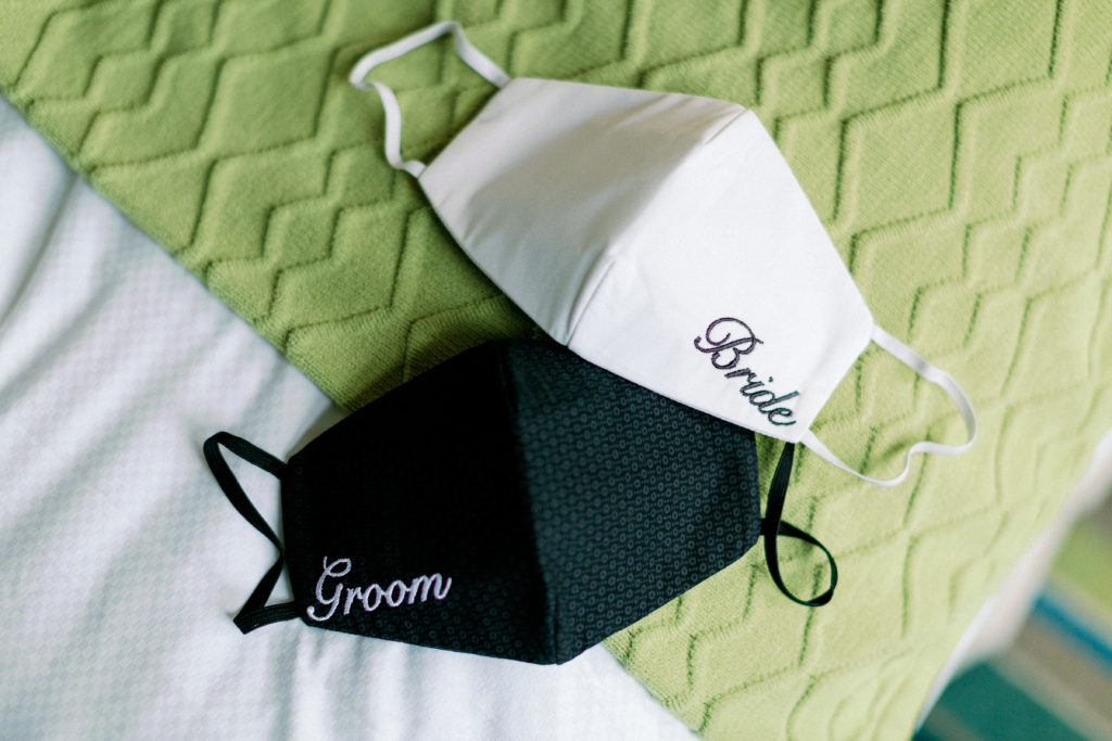 bride and groom face masks