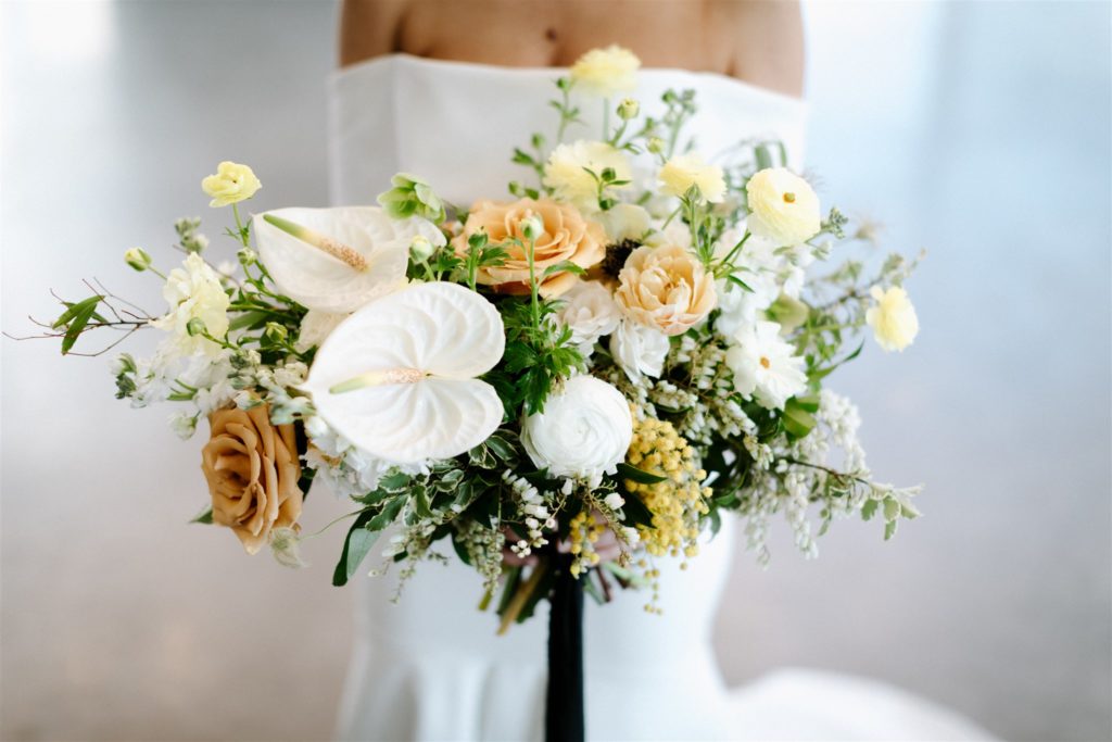 wedding bouquet with hints of yellow